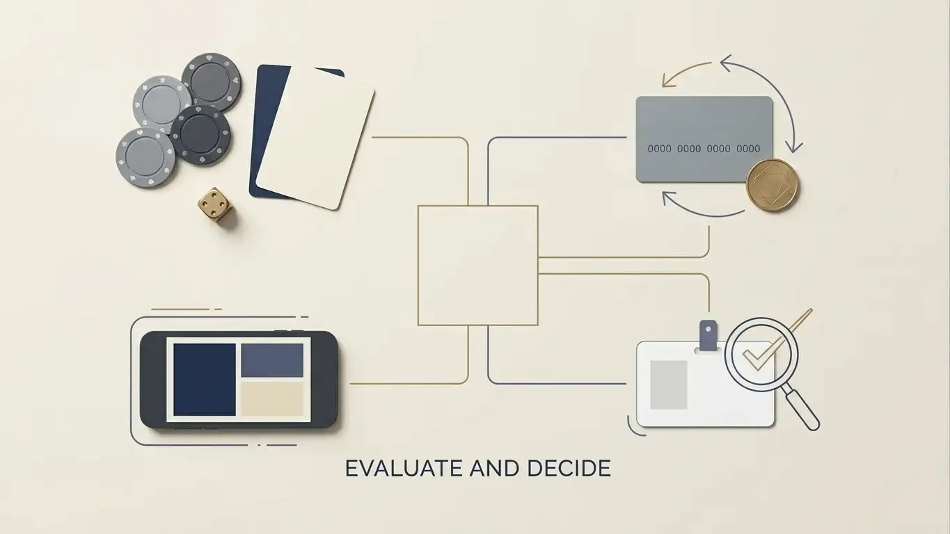 Editorial decision-check illustration with generic game, payment, mobile and identity symbols
