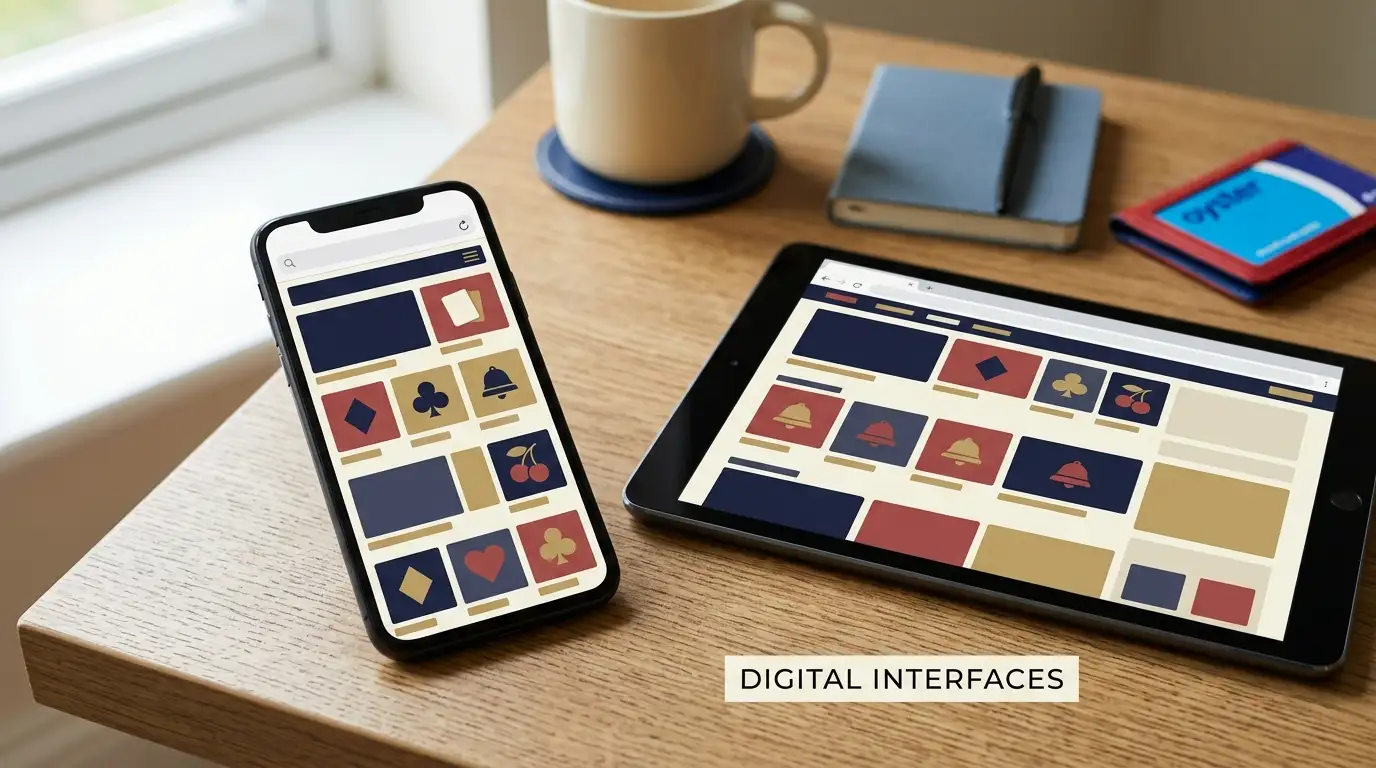 Generic mobile and tablet casino browsing scene with subtle British context and no brand interface